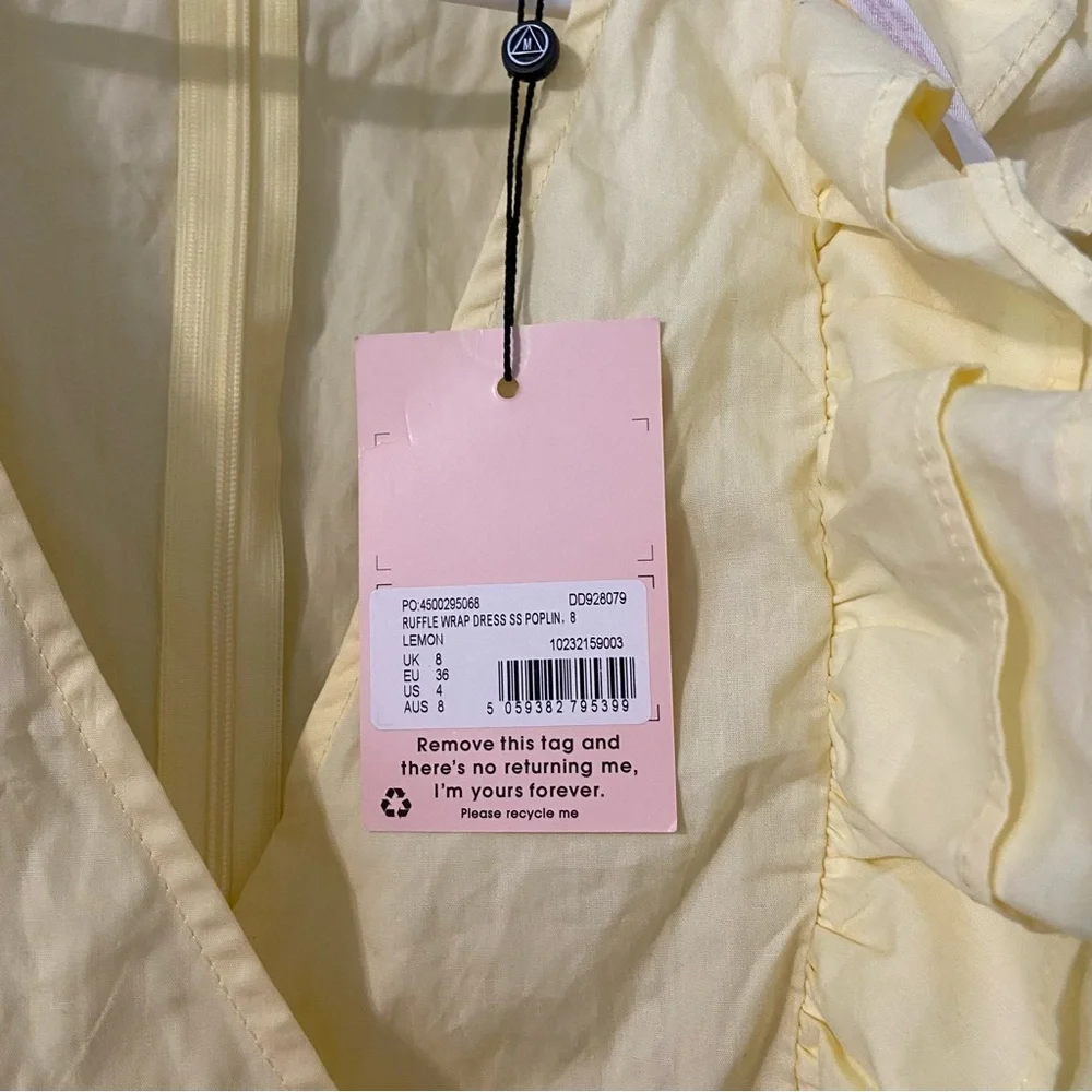 NWT Missguided Ruffle Wrap Poplin Puff Sleeve Plunging V-Neck Dress Lemon Yellow - Picture 9 of 11